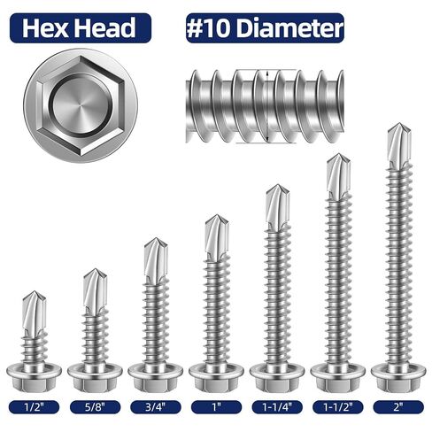 MewuDecor #10 x 3 (1/4" to 3" Available) Hex Washer Head Self Drilling Sheet Metal Screws with Drill Point, Stainless Steel 410, 50 PCS in Saudi Arabia