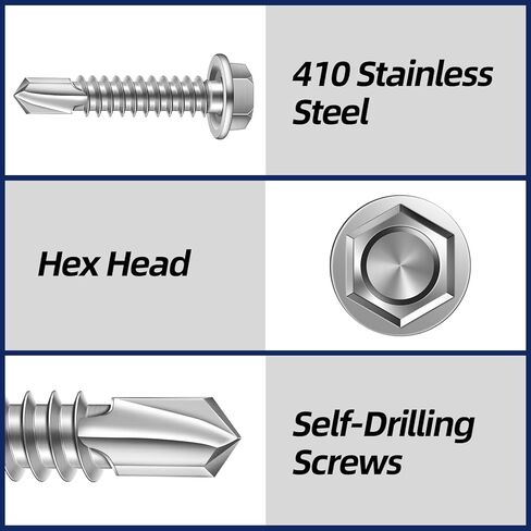 MewuDecor #10 x 3 (1/4" to 3" Available) Hex Washer Head Self Drilling Sheet Metal Screws with Drill Point, Stainless Steel 410, 50 PCS in Saudi Arabia