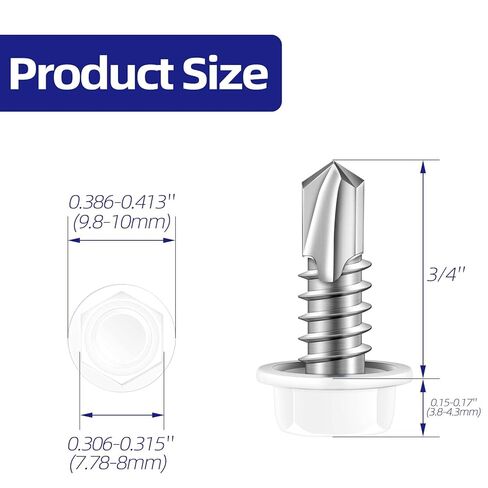 #10 x 3/4" Hex Washer Head Self Tapping Screws, TEK Screws, Self Drilling, Stainless Steel 410 Sheet Metal Screws, White Head, 100 PCS in Kuwait
