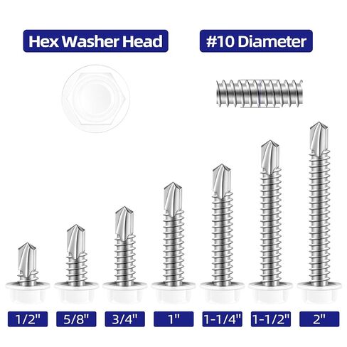 #10 x 3/4" Hex Washer Head Self Tapping Screws, TEK Screws, Self Drilling, Stainless Steel 410 Sheet Metal Screws, White Head, 100 PCS in Kuwait
