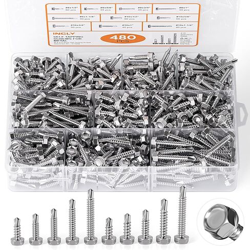INCLY 480PCS Self Tapping Screws for Metal, 410 Stainless Steel Self Drilling Screws #8#10 Hex Head Sheet Metal Screws Assortment Kit, Length 1/2" to 1-1/4'' in Saudi Arabia