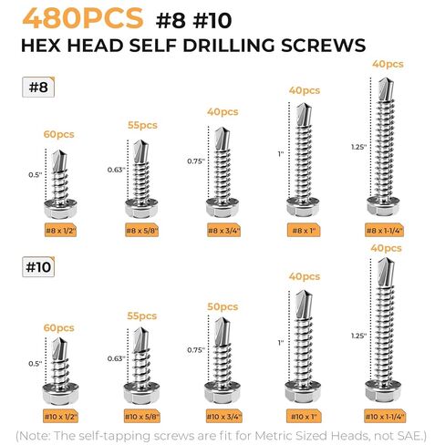 INCLY 480PCS Self Tapping Screws for Metal, 410 Stainless Steel Self Drilling Screws #8#10 Hex Head Sheet Metal Screws Assortment Kit, Length 1/2" to 1-1/4'' in Saudi Arabia