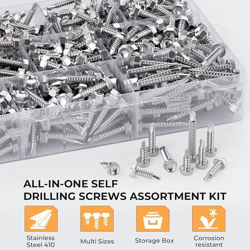 INCLY 480PCS Self Tapping Screws for Metal, 410 Stainless Steel Self Drilling Screws #8#10 Hex Head Sheet Metal Screws Assortment Kit, Length 1/2" to 1-1/4'' in Saudi Arabia