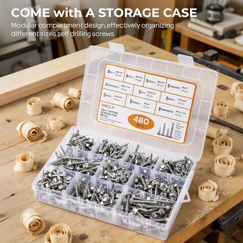 INCLY 480PCS Self Tapping Screws for Metal, 410 Stainless Steel Self Drilling Screws #8#10 Hex Head Sheet Metal Screws Assortment Kit, Length 1/2" to 1-1/4'' in Saudi Arabia
