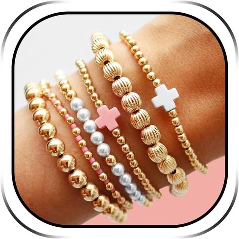Gold Beaded Bracelets for Women Handmade Cross Beaded Stretch Bracelets Stackable Stocking Stuffers Non Tarnish Gold Bracelet Trendy Jewelry Women Gifts for Christmas in Kuwait