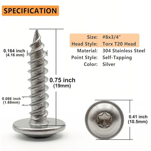 (100 قطعة) #8 × 3/4 بوصة T20 براغي خشبية برأس توركس 304 مسامير تروس ذاتية التنصت من الفولاذ المقاوم للصدأ in Kuwait