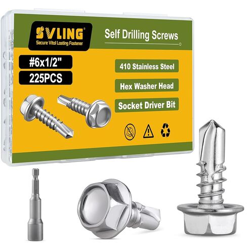 #6 x 1/2" Self Tapping Screws for Metal, 225PCS Self Drilling Screws 410 Stainless Steel, Hex Washer Head Self Tapping Sheet Metal Screw, Driver Bit Included in Kuwait