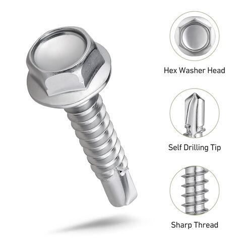 #6 x 1/2" Self Tapping Screws for Metal, 225PCS Self Drilling Screws 410 Stainless Steel, Hex Washer Head Self Tapping Sheet Metal Screw, Driver Bit Included in Kuwait