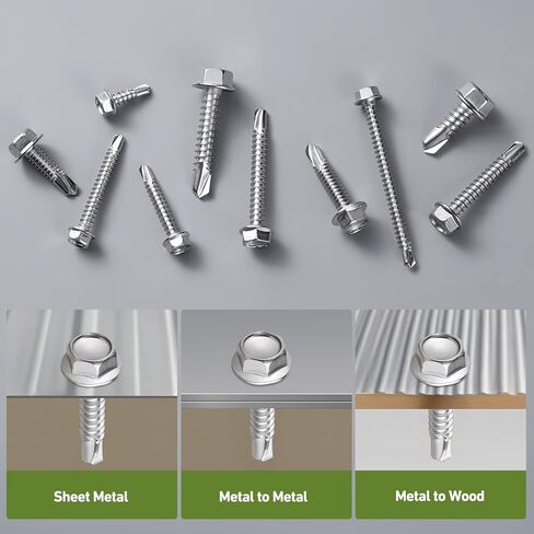 #6 x 1/2" Self Tapping Screws for Metal, 225PCS Self Drilling Screws 410 Stainless Steel, Hex Washer Head Self Tapping Sheet Metal Screw, Driver Bit Included in Kuwait