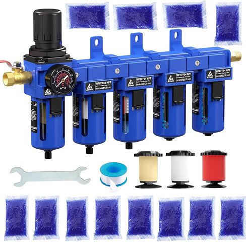 1/2'' NPT 5 Stage Air Drying System,5 &0.5 &0.01 Micron Filter Cartridge,Double Desiccant Dryers & Air Regulator,Metal Bowl, Semi-Auto Drain,Industrial Grade-Blue in Kuwait