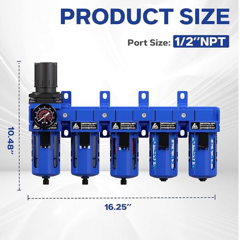 1/2'' NPT 5 Stage Air Drying System,5 &0.5 &0.01 Micron Filter Cartridge,Double Desiccant Dryers & Air Regulator,Metal Bowl, Semi-Auto Drain,Industrial Grade-Blue in Kuwait