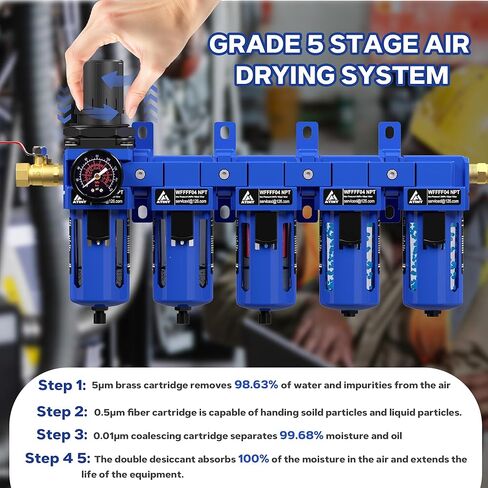 1/2'' NPT 5 Stage Air Drying System,5 &0.5 &0.01 Micron Filter Cartridge,Double Desiccant Dryers & Air Regulator,Metal Bowl, Semi-Auto Drain,Industrial Grade-Blue in Kuwait