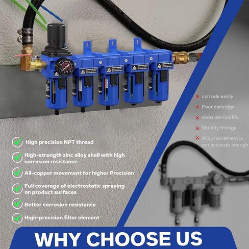 1/2'' NPT 5 Stage Air Drying System,5 &0.5 &0.01 Micron Filter Cartridge,Double Desiccant Dryers & Air Regulator,Metal Bowl, Semi-Auto Drain,Industrial Grade-Blue in Kuwait