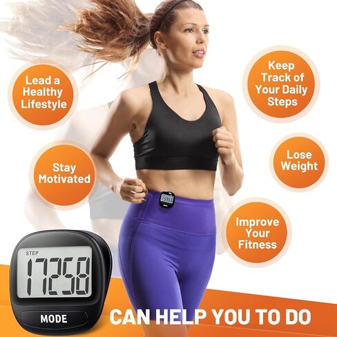 عداد خطوات ثلاثي الأبعاد لرياضات المشي والجري - عداد الخطوات مع مشبك وحبل قصير، شاشة LCD كبيرة لتتبع اللياقة البدنية للرجال والنساء والأطفال وكبار السن وسهل الاستخدام in Kuwait
