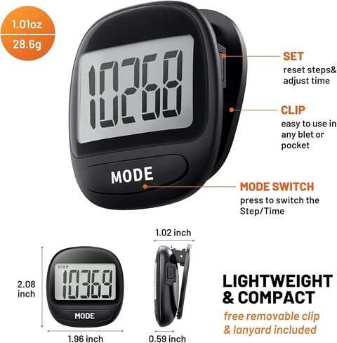 عداد خطوات ثلاثي الأبعاد لرياضات المشي والجري - عداد الخطوات مع مشبك وحبل قصير، شاشة LCD كبيرة لتتبع اللياقة البدنية للرجال والنساء والأطفال وكبار السن وسهل الاستخدام in Kuwait