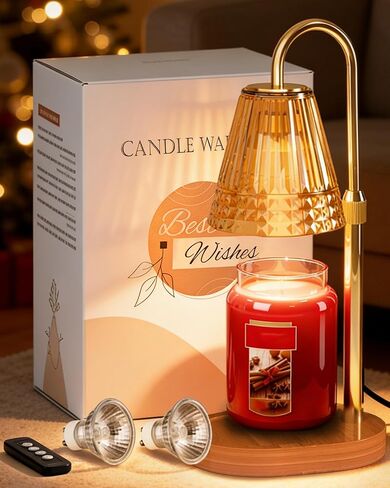 TATAANTY Candle Warmer Lamp with Timer Dimmable, Height-Adjustable Candle Warmer with 2 Bulbs, Gifts for Women, Christmas Gift, Golden Shade, Wood Base in Kuwait