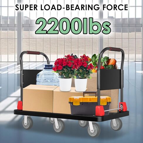 عربة شاحنة ذات منصة شديدة التحمل مع درابزين وعجلات 6 من 6 بوصات بسعة 2200 رطل، عربة دفع قابلة للطي، عربة يد مسطحة كبيرة، عربة دوللي متحركة للبقالة، المرآب، المستودعات (50 بوصة طول × 27 عرض) in Kuwait