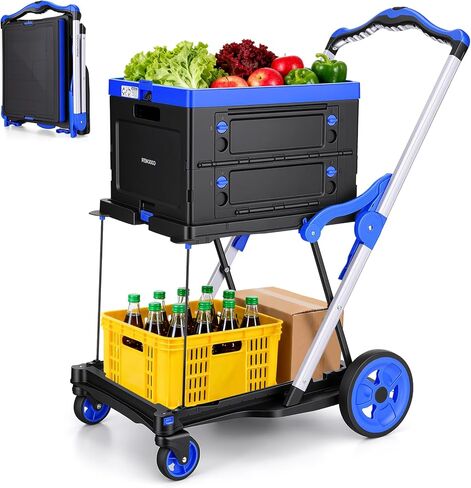 Collapsible Shopping Cart with Wheels Multi use Functional Collapsible Carts Mobile Folding Trolley, Collapsible Hand Truck and Dolly, Grocery Cart with Storage Crate Platform Hand Truck(Blue) in Saudi Arabia