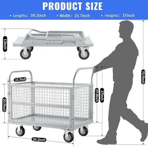 Platform Truck with Cage, Heavy Duty Flatbed Cart, Foldable Hand Truck, Load 2500LB with 4 Swivel Casters, Multi-Functional Push Cart for Grocery, Laundry, Shelving, Pantry in Kuwait