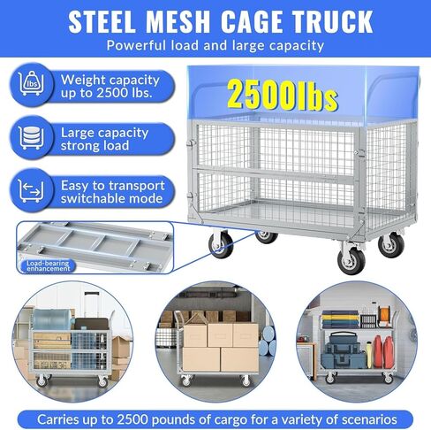 Platform Truck with Cage, Heavy Duty Flatbed Cart, Foldable Hand Truck, Load 2500LB with 4 Swivel Casters, Multi-Functional Push Cart for Grocery, Laundry, Shelving, Pantry in Kuwait