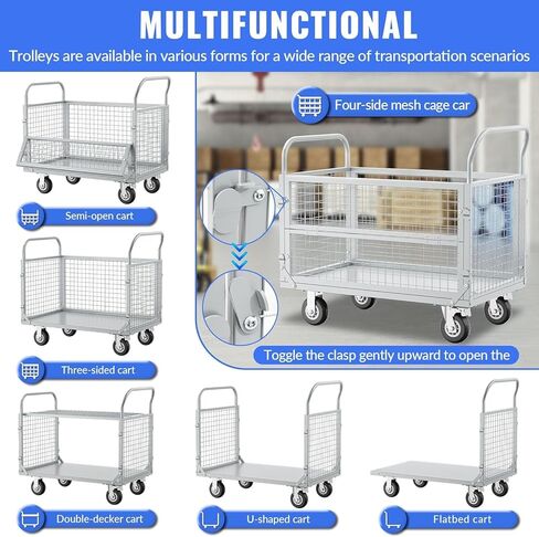 Platform Truck with Cage, Heavy Duty Flatbed Cart, Foldable Hand Truck, Load 2500LB with 4 Swivel Casters, Multi-Functional Push Cart for Grocery, Laundry, Shelving, Pantry in Kuwait