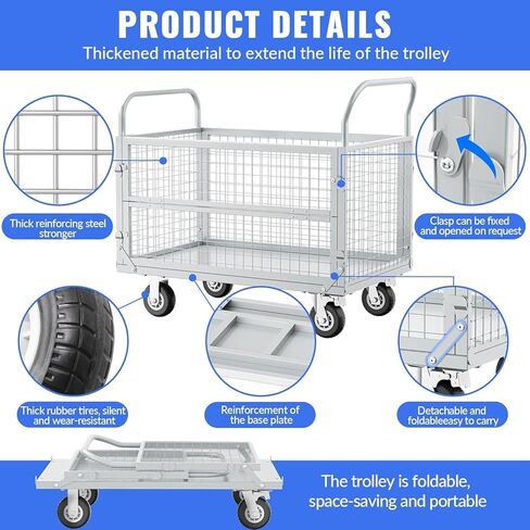 Platform Truck with Cage, Heavy Duty Flatbed Cart, Foldable Hand Truck, Load 2500LB with 4 Swivel Casters, Multi-Functional Push Cart for Grocery, Laundry, Shelving, Pantry in Kuwait