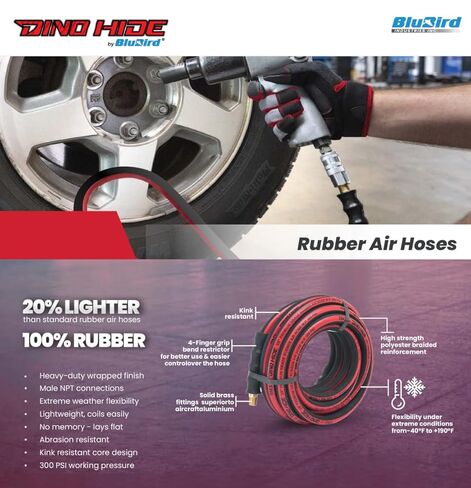 BLUBIRD Dino-Hide 3/8" x 10' Heavy-Duty Rubber Air Hose, Lightweight, Corrosion-Resistant 1/4" Brass Fittings, 300 PSI, Ideal for Pneumatic Tools & Industrial Use in Saudi Arabia