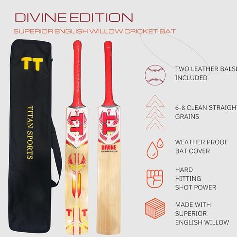 Titan English Willow Divine Cricket Bat – Full Size Short Handle – Lightweight & Handcrafted for Power and Control – Ideal for Club & League Play - Free Hard Leather Ball in Saudi Arabia