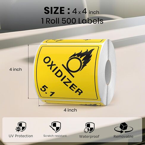 500 PCS Class 5.1 Oxidizer Labels 4 × 4 Inches DOT Hazardous Materials Warning Stickers Vinyl Self Adhesive Waterproof Label for Shipping Handling Transportation Storage in Saudi Arabia