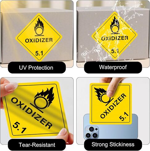 500 PCS Class 5.1 Oxidizer Labels 4 × 4 Inches DOT Hazardous Materials Warning Stickers Vinyl Self Adhesive Waterproof Label for Shipping Handling Transportation Storage in Saudi Arabia