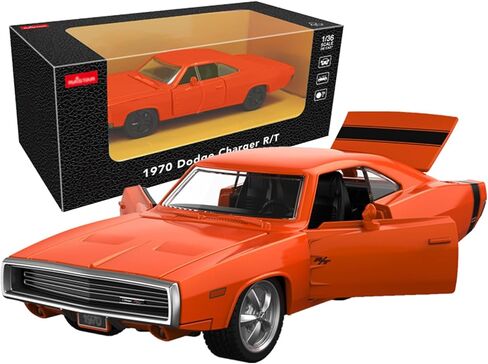 نموذج سيارات مصبوب بمقياس 1:36 لسيارة دودج تشارجر R/T 1970، سيارة لعبة سحب للخلف من سبائك الزنك مع عجلات مجانية، أبواب قابلة للفتح وغطاء للرأس هدية للأطفال والأولاد البالغين، برتقالي in Kuwait