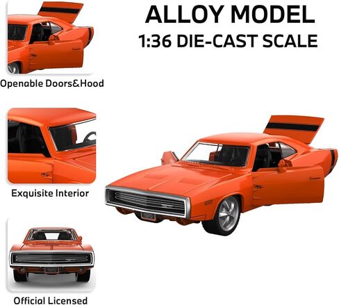 نموذج سيارات مصبوب بمقياس 1:36 لسيارة دودج تشارجر R/T 1970، سيارة لعبة سحب للخلف من سبائك الزنك مع عجلات مجانية، أبواب قابلة للفتح وغطاء للرأس هدية للأطفال والأولاد البالغين، برتقالي in Kuwait
