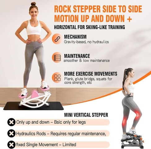 جهاز روك ستيبر للتمرين في المنزل، جهاز ستيبر هزاز جانبي مع عداد رقمي وأشرطة مقاومة، سعة وزن 330 رطل وتأثير منخفض، جهاز تزلج لكامل الجسم (وردي) in Kuwait