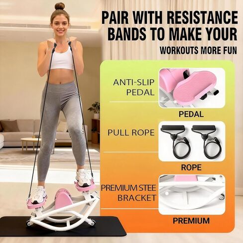 جهاز روك ستيبر للتمرين في المنزل، جهاز ستيبر هزاز جانبي مع عداد رقمي وأشرطة مقاومة، سعة وزن 330 رطل وتأثير منخفض، جهاز تزلج لكامل الجسم (وردي) in Kuwait