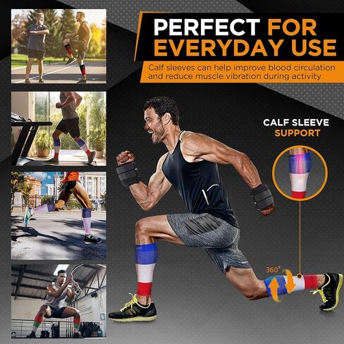 Doc Miller Calf Compression Sleeves for Short People Men and Women Petite 15-20mmHg, 1 Pair Shin Splint Sleeve Recover Varicose Veins and Pain Relief, Blue White Red, Medium in Kuwait