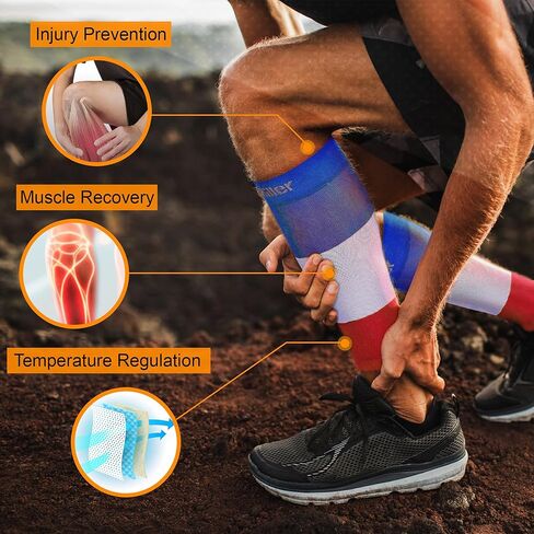 Doc Miller Calf Compression Sleeves for Short People Men and Women Petite 15-20mmHg, 1 Pair Shin Splint Sleeve Recover Varicose Veins and Pain Relief, Blue White Red, Medium in Kuwait