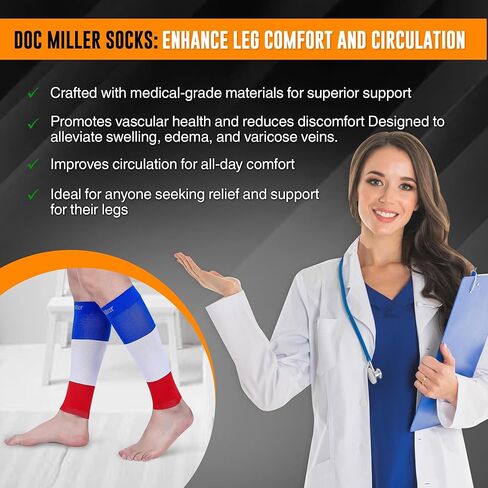 Doc Miller Calf Compression Sleeves for Short People Men and Women Petite 15-20mmHg, 1 Pair Shin Splint Sleeve Recover Varicose Veins and Pain Relief, Blue White Red, Medium in Kuwait