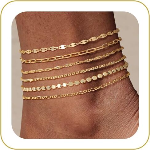 Tewiky Waterproof Ankle Bracelets for Women, 14K Real Gold Filled Anklets for Women 6PCS Anklet Set Dainty Summer Beach Jewelry in Kuwait