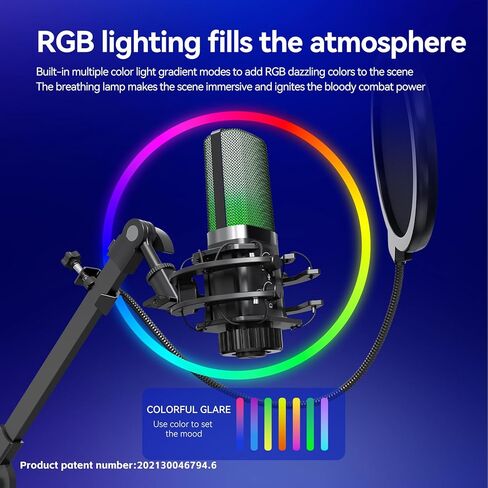 Cardioid USB Microphone with RGB Breathing Lights, Dual-Base Pop Filter Stand Bundle for Streaming, Gaming, and Recording in Saudi Arabia