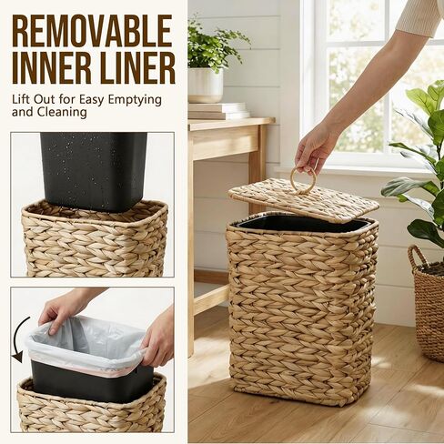 سلة مهملات من الخوص سعة 2.6 جالون مع غطاء، سلة مهملات منسوجة يدويًا من صفير الماء مع صندوق داخلي بلاستيكي قابل للإزالة، سلة مهملات صغيرة من الروطان المزخرفة للحمام وغرفة النوم والمكتب والمطبخ in Kuwait