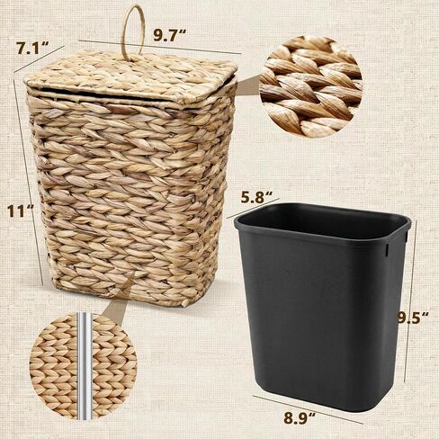 سلة مهملات من الخوص سعة 2.6 جالون مع غطاء، سلة مهملات منسوجة يدويًا من صفير الماء مع صندوق داخلي بلاستيكي قابل للإزالة، سلة مهملات صغيرة من الروطان المزخرفة للحمام وغرفة النوم والمكتب والمطبخ in Kuwait