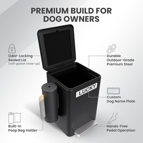 Dog Poop Trash Can Outside, 6L Metal Outdoor Dog Waste Bin with Lid & Soft Close Pedal, Pet Waste Container with Charcoal Filter, Removable Inner Bucket, Bag Holder, Stickers & Custom Name Plate in Saudi Arabia