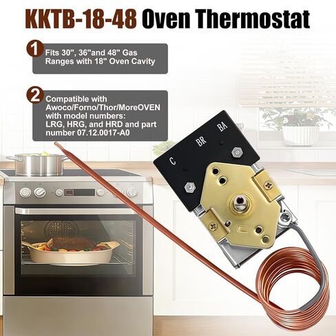 KKTB-18-48 Stove Oven Range Thermostat - 5A 120VAC, MAX Temp 599°F, Compatible with Robertshaw and Awoco 30" and 36" Gas Ranges, 48" Capillary Length, 3/16" x 11" Copper Bulb with Nickel Plated in Kuwait