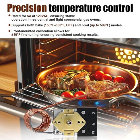 KKTB-18-48 Stove Oven Range Thermostat - 5A 120VAC, MAX Temp 599°F, Compatible with Robertshaw and Awoco 30" and 36" Gas Ranges, 48" Capillary Length, 3/16" x 11" Copper Bulb with Nickel Plated in Kuwait