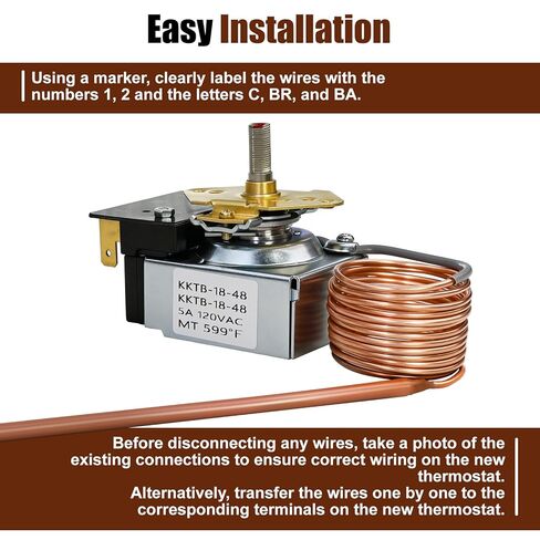 KKTB-18-48 Stove Oven Range Thermostat - 5A 120VAC, MAX Temp 599°F, Compatible with Robertshaw and Awoco 30" and 36" Gas Ranges, 48" Capillary Length, 3/16" x 11" Copper Bulb with Nickel Plated in Kuwait