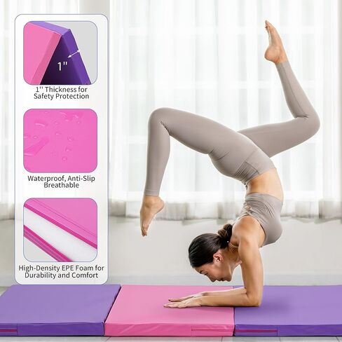 Outdoor Basic 6'x3'x2'' Gymnastics Mats Portable 4-Fold Tumbling Mat Thick Yoga Mat with PU Leather & Carry Handle for Home Workout, Yoga, MMA Core Training, Pilates in Kuwait
