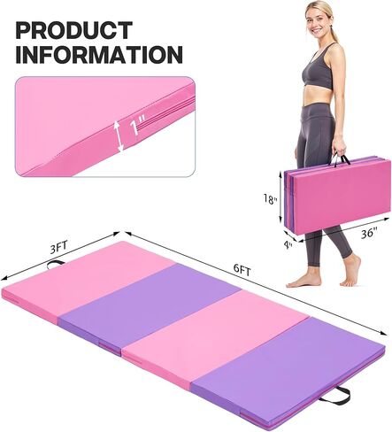 Outdoor Basic 6'x3'x2'' Gymnastics Mats Portable 4-Fold Tumbling Mat Thick Yoga Mat with PU Leather & Carry Handle for Home Workout, Yoga, MMA Core Training, Pilates in Kuwait
