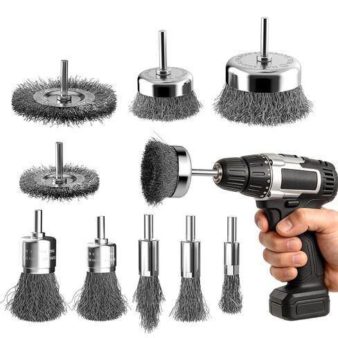 فرشاة سلكية للمثقاب 9 قطع، عجلة سلكية للمثقاب 1/4 بوصة ساق مستديرة، كوب من الفولاذ الكربوني / عجلة / مجموعة فرشاة قلم لإزالة الصدأ والتآكل وأسطح الفرك in Kuwait