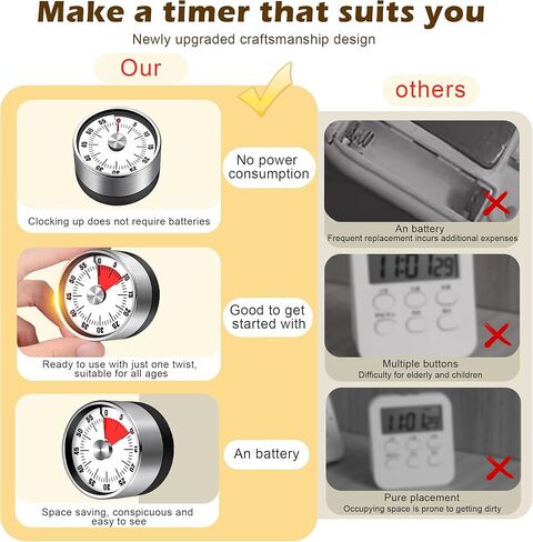 مؤقت مطبخ ميكانيكي ممتاز، لا يتطلب بطارية، قاعدة مغناطيسية، تحكم في قرص ملتوي، تصميم موفر للمساحة لتمارين الطبخ، فضي وأسود in Kuwait