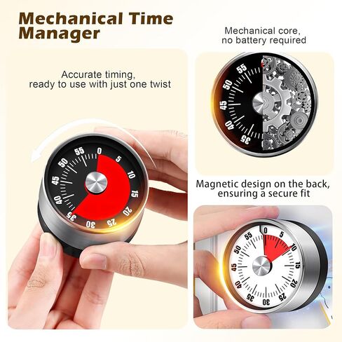 مؤقت مطبخ ميكانيكي ممتاز، لا يتطلب بطارية، قاعدة مغناطيسية، تحكم في قرص ملتوي، تصميم موفر للمساحة لتمارين الطبخ، فضي وأسود in Kuwait